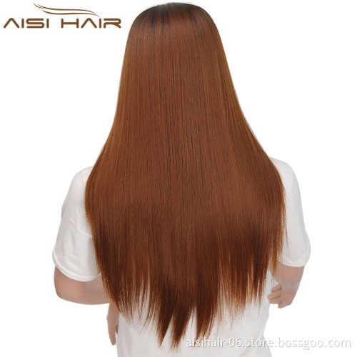 Aisi Hair Long Silky Straight Wave Ombre Brown Dark Root Wig Natural Wave Heat Resistant Synthetic Fiber Wigs For Black Women